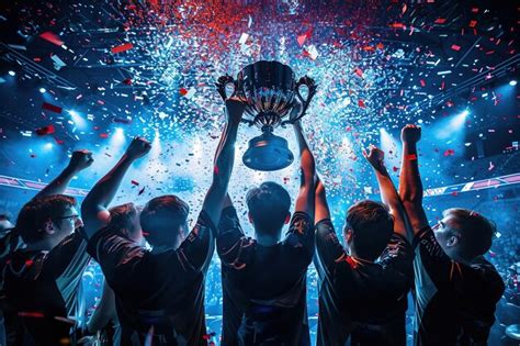 Esports team celebrating victory in a championship match confetti ...