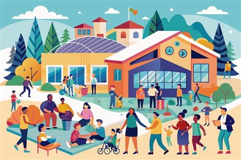Premium Vector | Outside a school or community center surrounded by ...