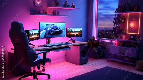 Powerful gaming PC at the center of the setup, surrounded by a sleek ...