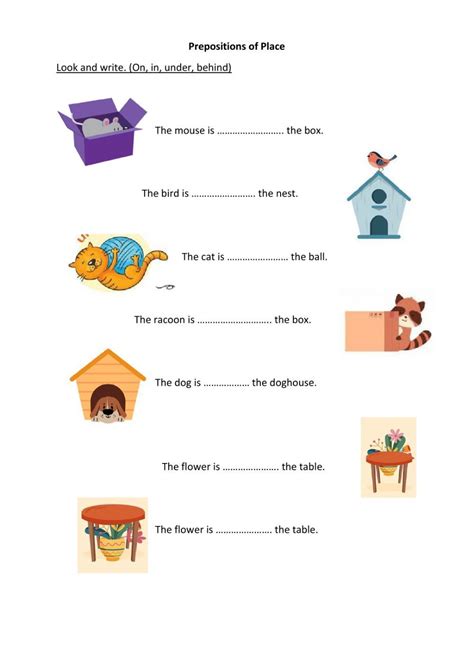 Prepositions of Place Worksheet for 1st Grade