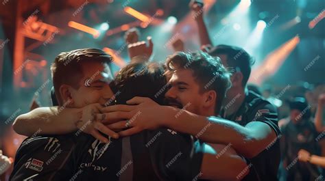 Premium Photo | Esports players celebrating their victory on stage with ...