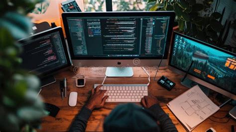 Software Developer Working on Code in Dual Monitor Setup AIG41 Stock ...