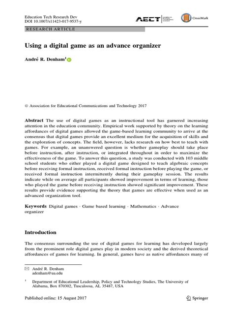 Using A Digital Game As An Advance Organizer | PDF | Effect Size | Learning