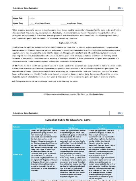 Game Evaluation A | PDF | Teachers | Lesson Plan