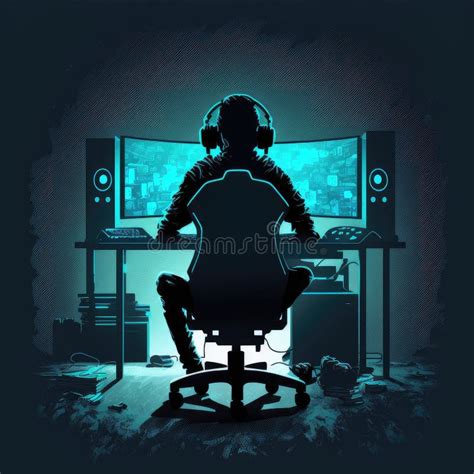 A Sitting Man S Esports Gamer Staring on Multi Monitor Screen. Stock ...