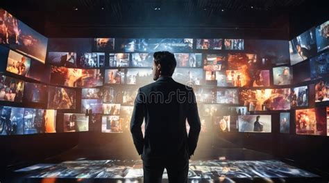 Business Professional Facing Numerous Glowing Digital Screens in Dark ...