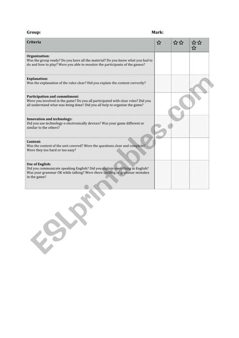 Evaluation Criteria - Games - ESL worksheet by sabrinap
