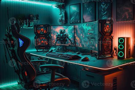 Spectacular gaming room interior, gaming pc, gaming desk, game setup ...