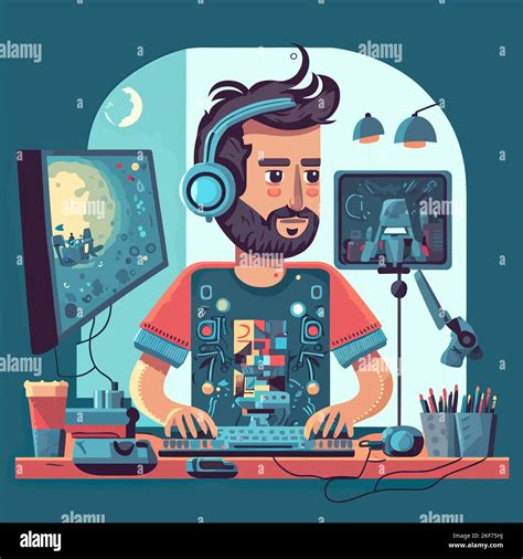 A vector illustration of an indie game developer at his desk Stock ...