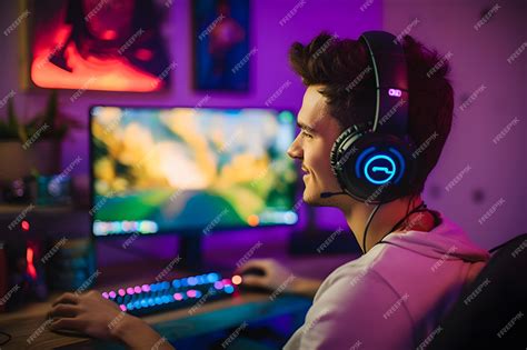 Premium Photo | Happy Gamer Man Immersed in Virtual Reality Gaming ...