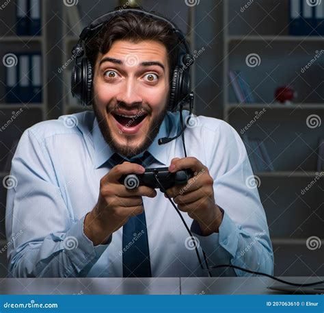 Businessman Gamer Staying Late To Play Games Stock Photo - Image of ...