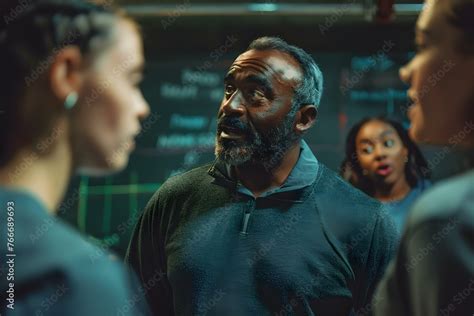 Coach strategizing with team members discussing game plan and training ...