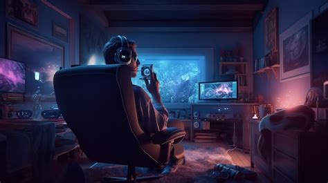 Premium AI Image | A man sits in a dark room with a computer screen ...