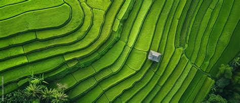 Lush green rice terraces with a small hut from an aerial perspective ...