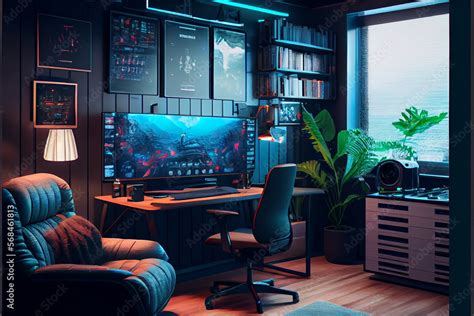 Interior of a cyberpunk colorful streaming and gaming studio for ...