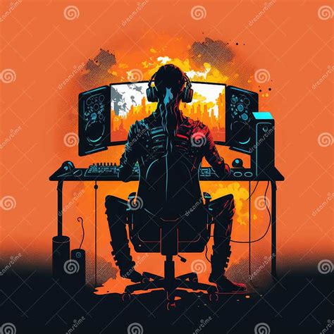 A Sitting Man S Esports Gamer Staring on Multi Monitor Screen. Stock ...
