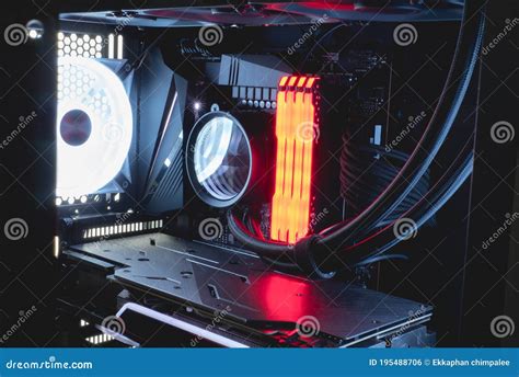 Inside Gaming PC with RGB LED Lights, Liquid Cooling. Stock Photo ...