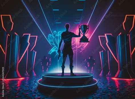 A esports player win a esports tournament and enjoy with a trophy in ...