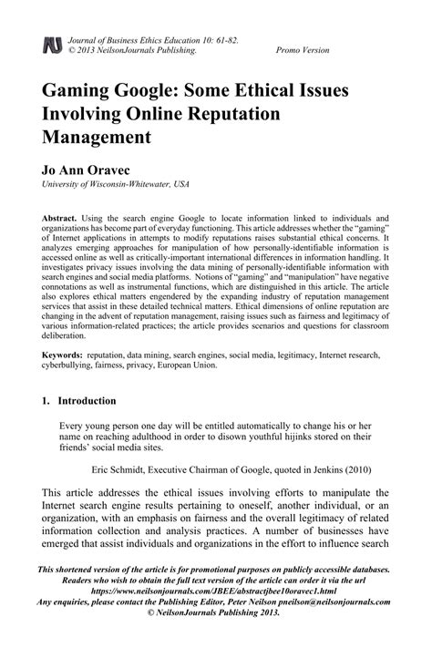 (PDF) Gaming Google: Some Ethical Issues Involving Online Reputation ...