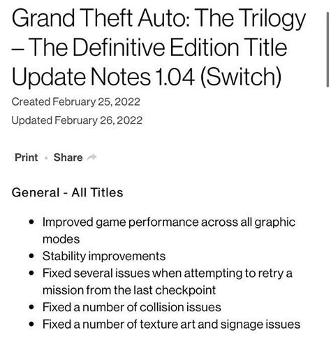 Patch notes for GTA Definitive Edition Trilogy Switch update
