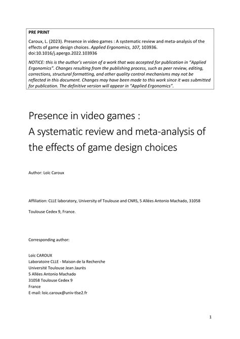 (PDF) Presence in video games: A systematic review and meta-analysis of ...