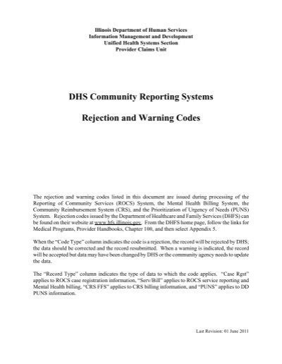 DHS Community Reporting Systems Rejection And Warning Codes