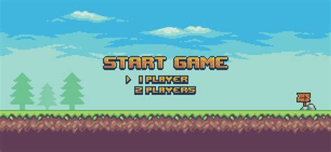 Pixel art 8bit game home screen. Start Game Landscape game background ...