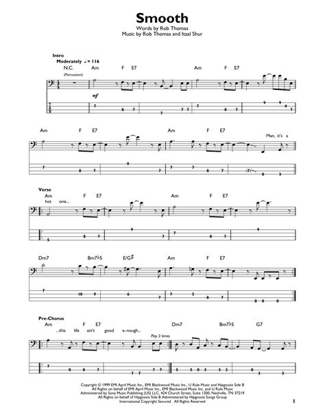 Smooth (feat. Rob Thomas) by Santana Sheet Music for Easy Bass Tab at ...
