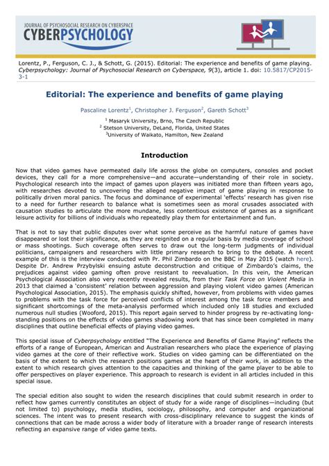 (PDF) Editorial: The experience and benefits of game playing