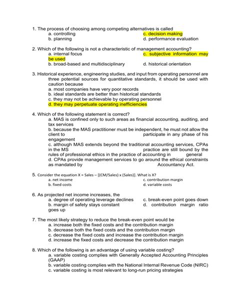 Management Accounting Exam Questions