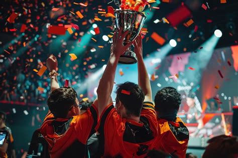 Esports team celebrating victory in a championship match confetti ...