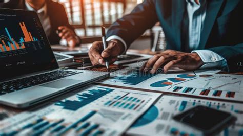 Business Professionals Analyzing Financial Data, Pointing at Detailed ...