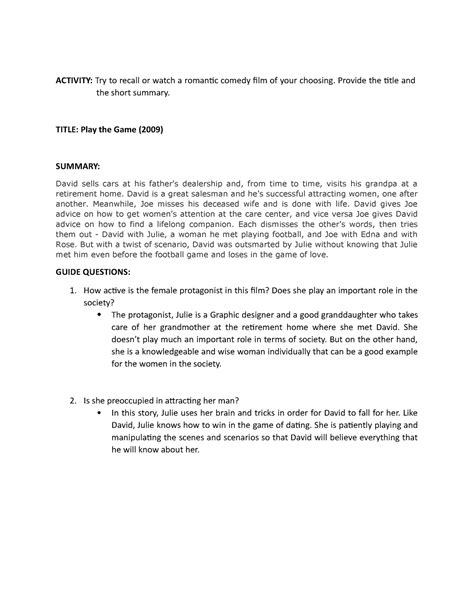 Movie-review - Movie review of Play the game - ACTIVITY: Try to recall ...