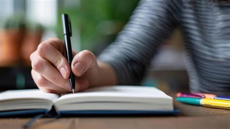 Closeup of a person writing in a notebook with a pen highlighting focus ...