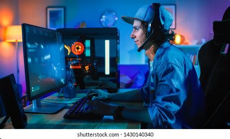 Professional Gamer Playing Firstperson Shooter Online Stock Photo ...