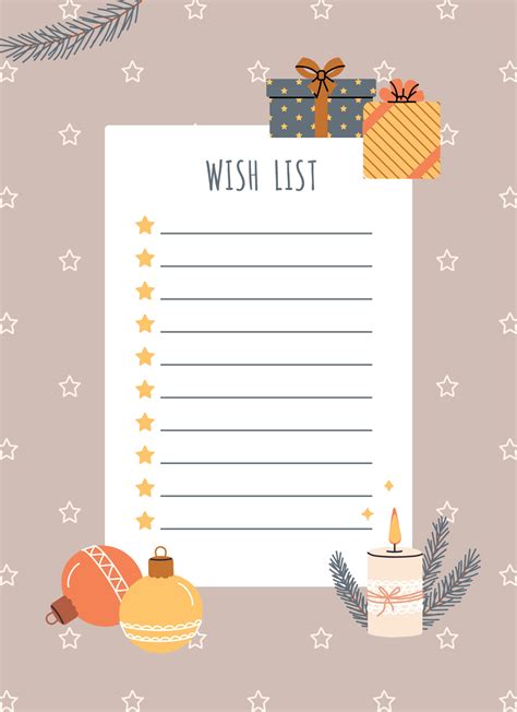 Cute Christmas wish list. Festive gift boxes. Candles and stars ...