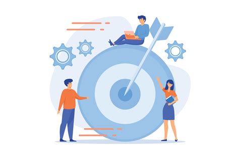 Businessmen working and woman at big target with arrow. Goals and ...