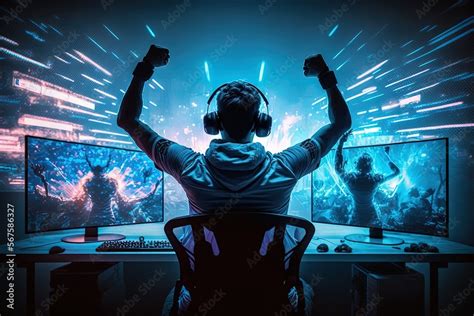 Professional eSports gamer rejoices in the victory in red blue ...