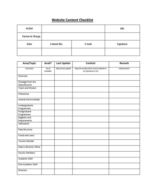 Website Content Checklist: Area/Topic Avail? Last Update Content Remark ...
